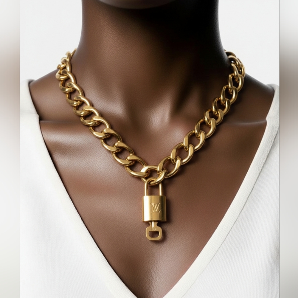 Authentic Louis Vuitton Lock & Key Gold with Unbranded Cuban Style Chain